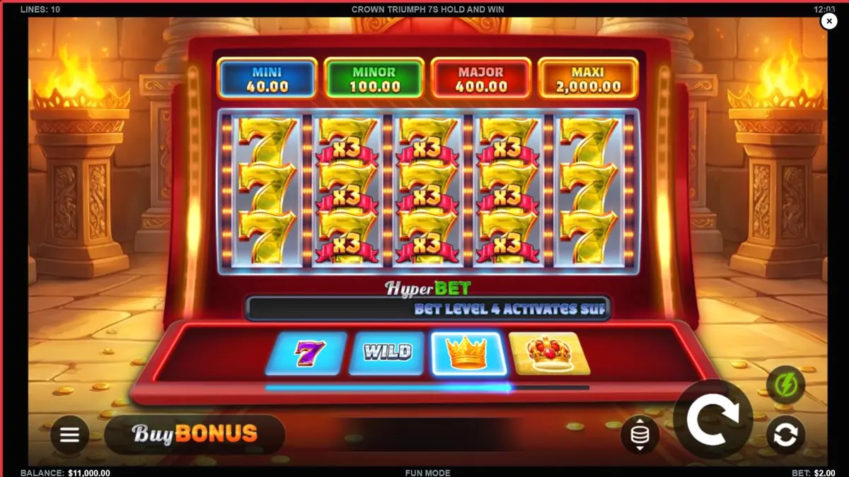 Visual opulento e clássico do slot Crown Triumph 7s Hold and Win com símbolos de 7s brilhantes e detalhes dourados.