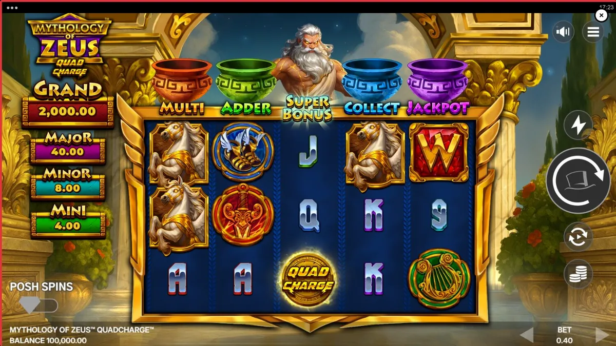 Interface do slot Mythology of Zeus QUADCHARGE com raios e símbolos dourados