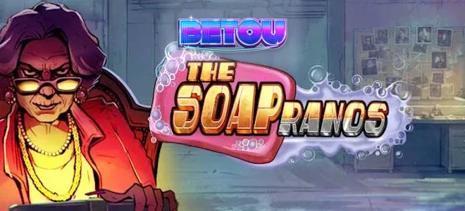 Interface vibrante do slot Soapranos com luzes neon e elementos temáticos.