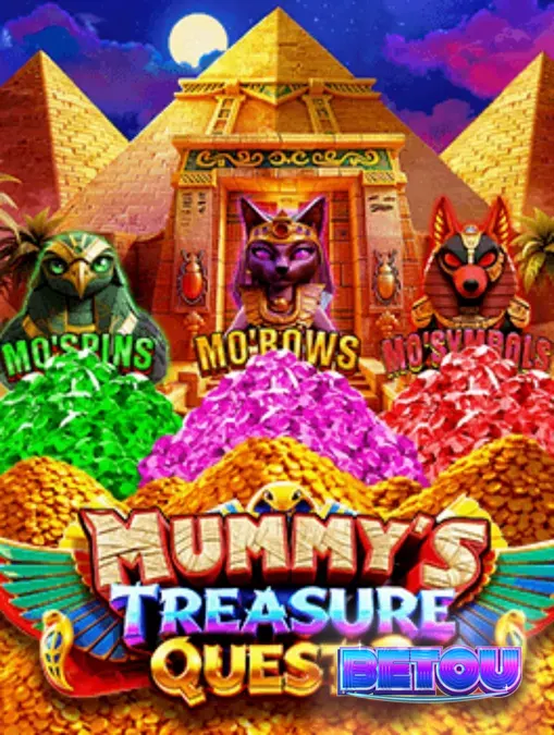 Interface do jogo Mummy’s Treasure Quest 2 com temática egípcia e rolos dourados.